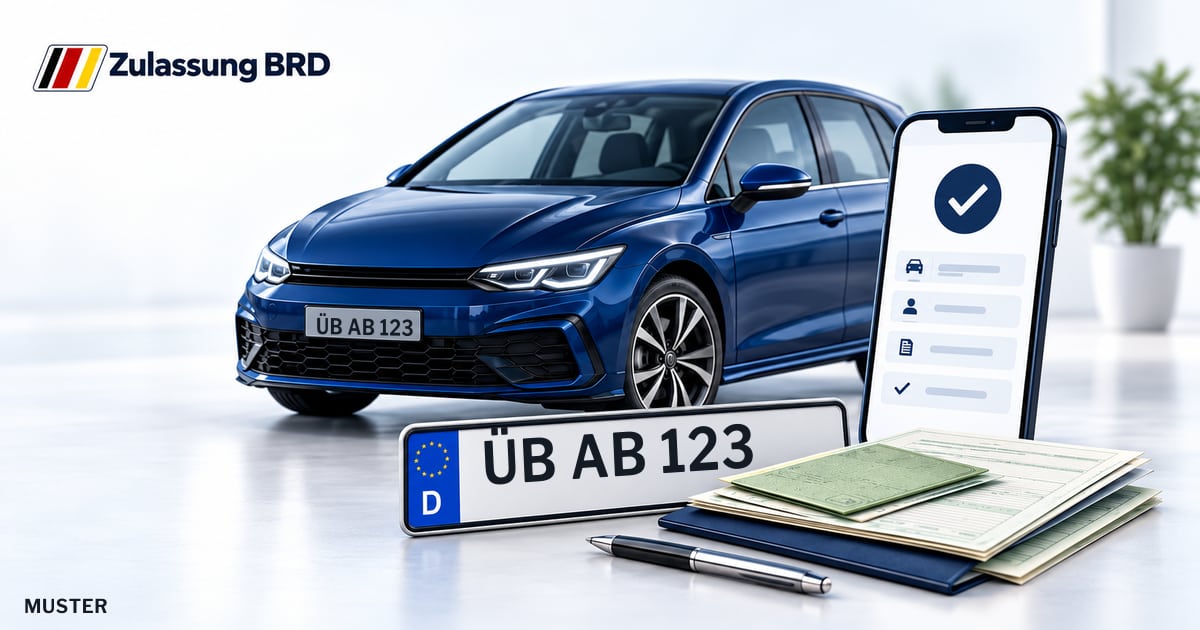Online Fahrzeugzulassung in Überlingen: Musterkennzeichen ÜB AB 123, Auto und Fahrzeugpapiere und Smartphone. Illustration mit Logo von Zulassung BRD.